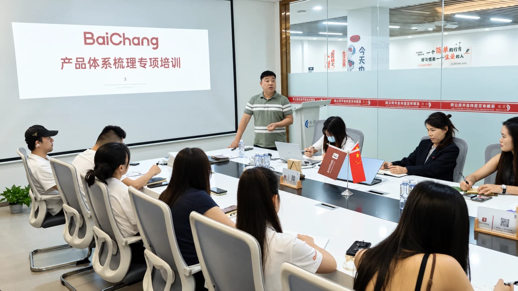 The BaiChang team discussing product development during an internal training session