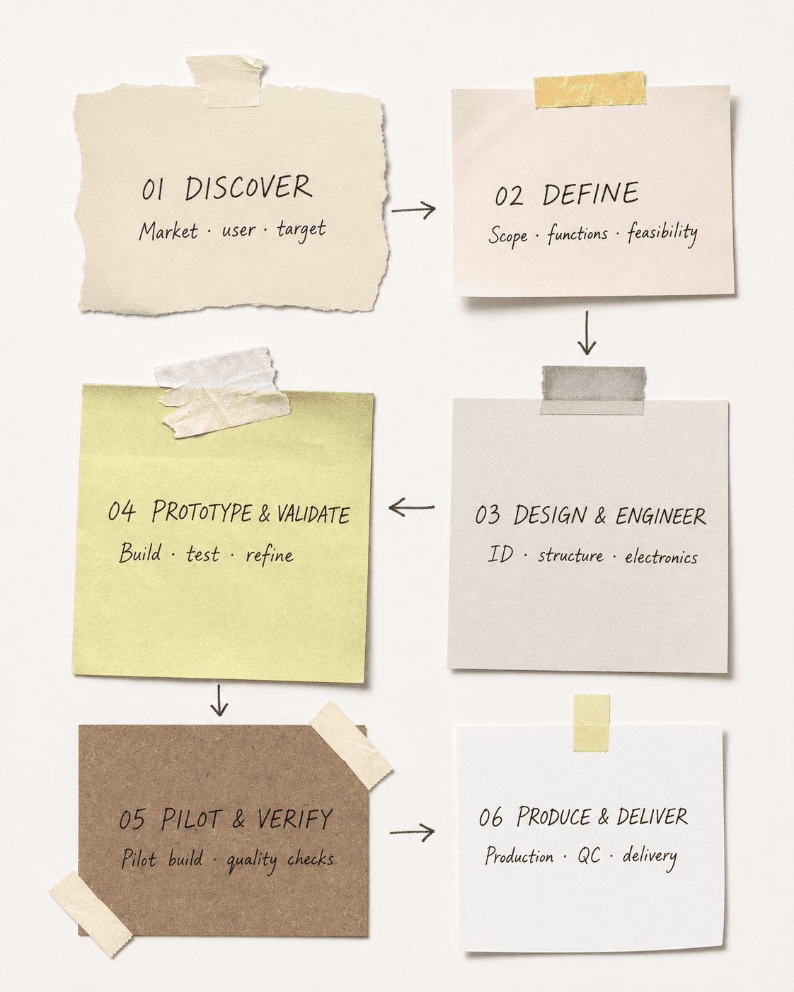Six-step BaiChang ODM and OEM process shown on handwritten notes: Discover, Define, Design and Engineer, Prototype and Validate, Pilot and Verify, Produce and Deliver.